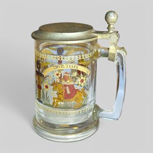 VTG WMF Zinn German Glass Pewter Lid Beer Stein Medieval Crest Scene Men Horses